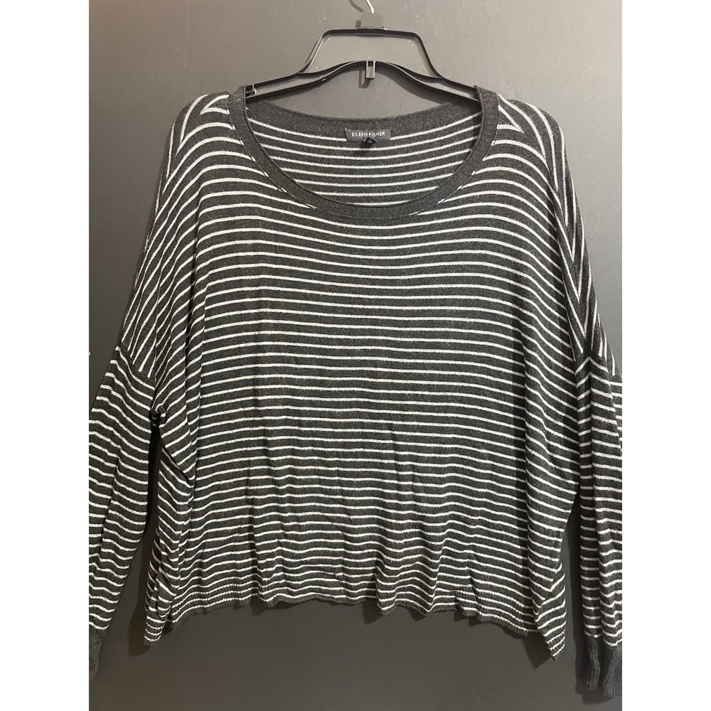 Eileen Fisher Petite Womens Striped Long-Sleeve Sweater Gray‎ Small